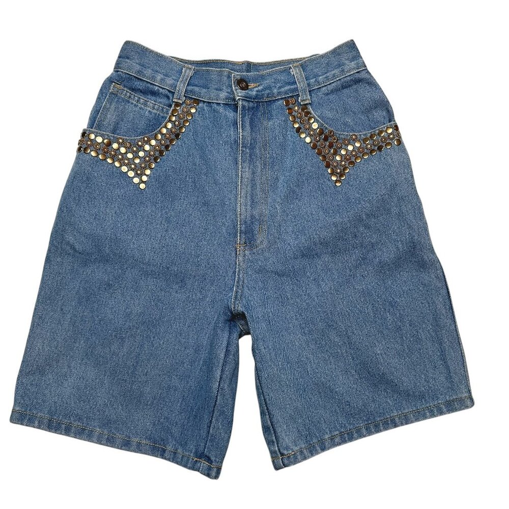 Monique Jeans Vintage Long Denim Light Blue Wash Shorts Gold Studs 9/10 25